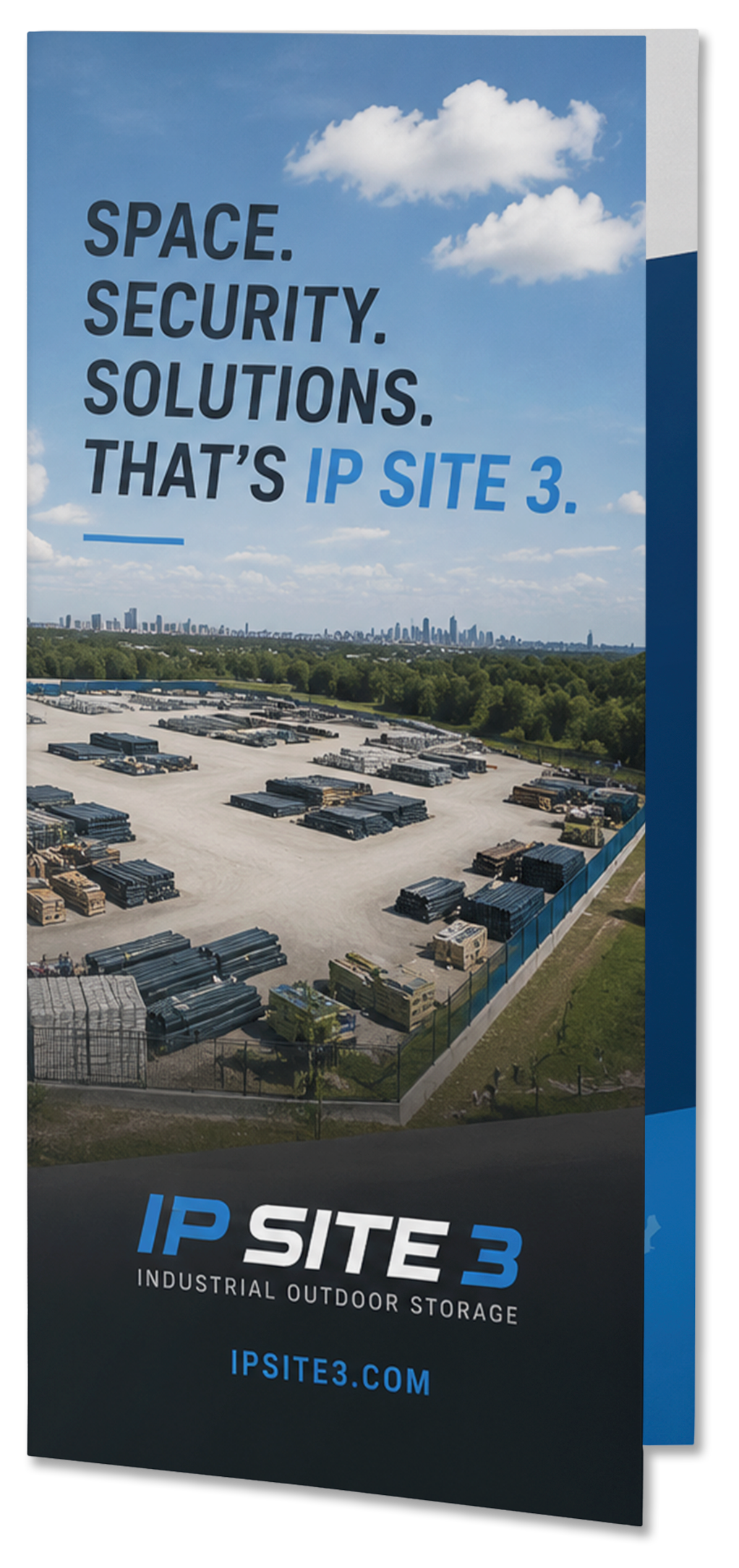 Blue promotional sign for IP Site 3 over aerial security yard, with clouds and text “Space. Security. Solutions.”