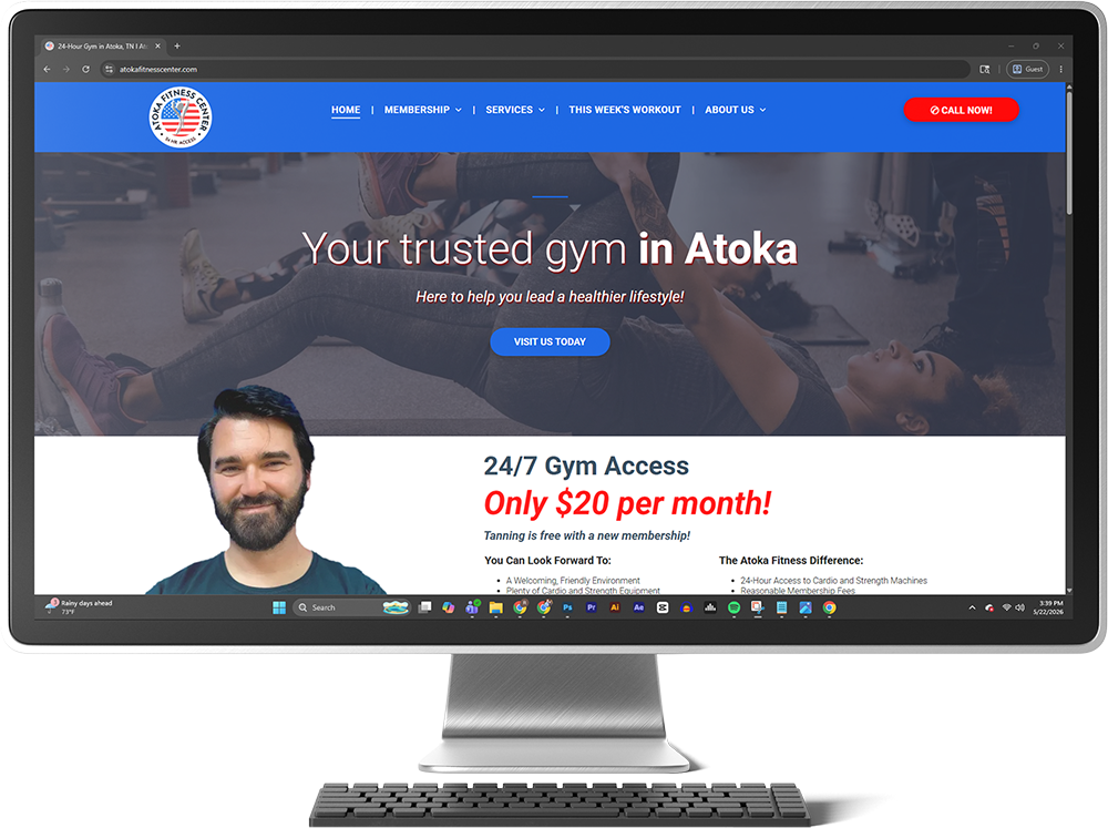 Gym website homepage on a desktop monitor, with blue header and a “24/7 Gym Access” promo banner