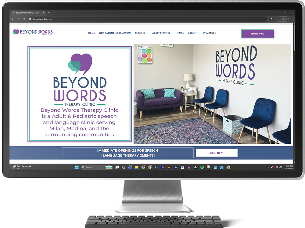 Desktop monitor displaying a “Beyond Words” website with a waiting room photo and a purple chair logo