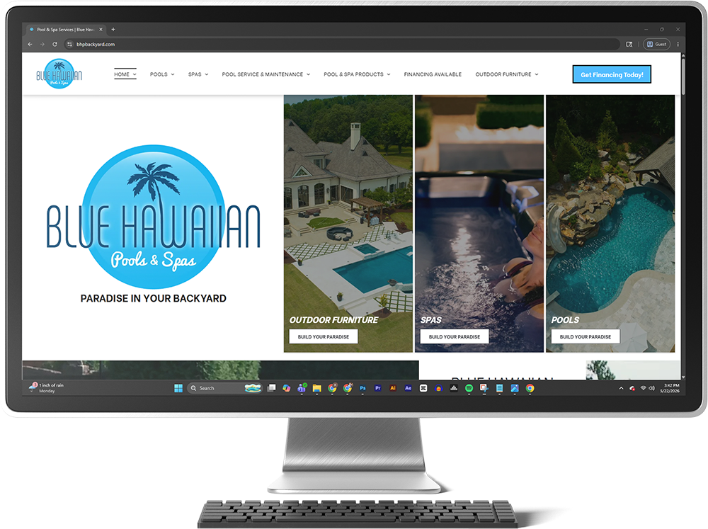 Desktop monitor showing the Blue Hawaiian website with resort and pool photos in a webpage layout