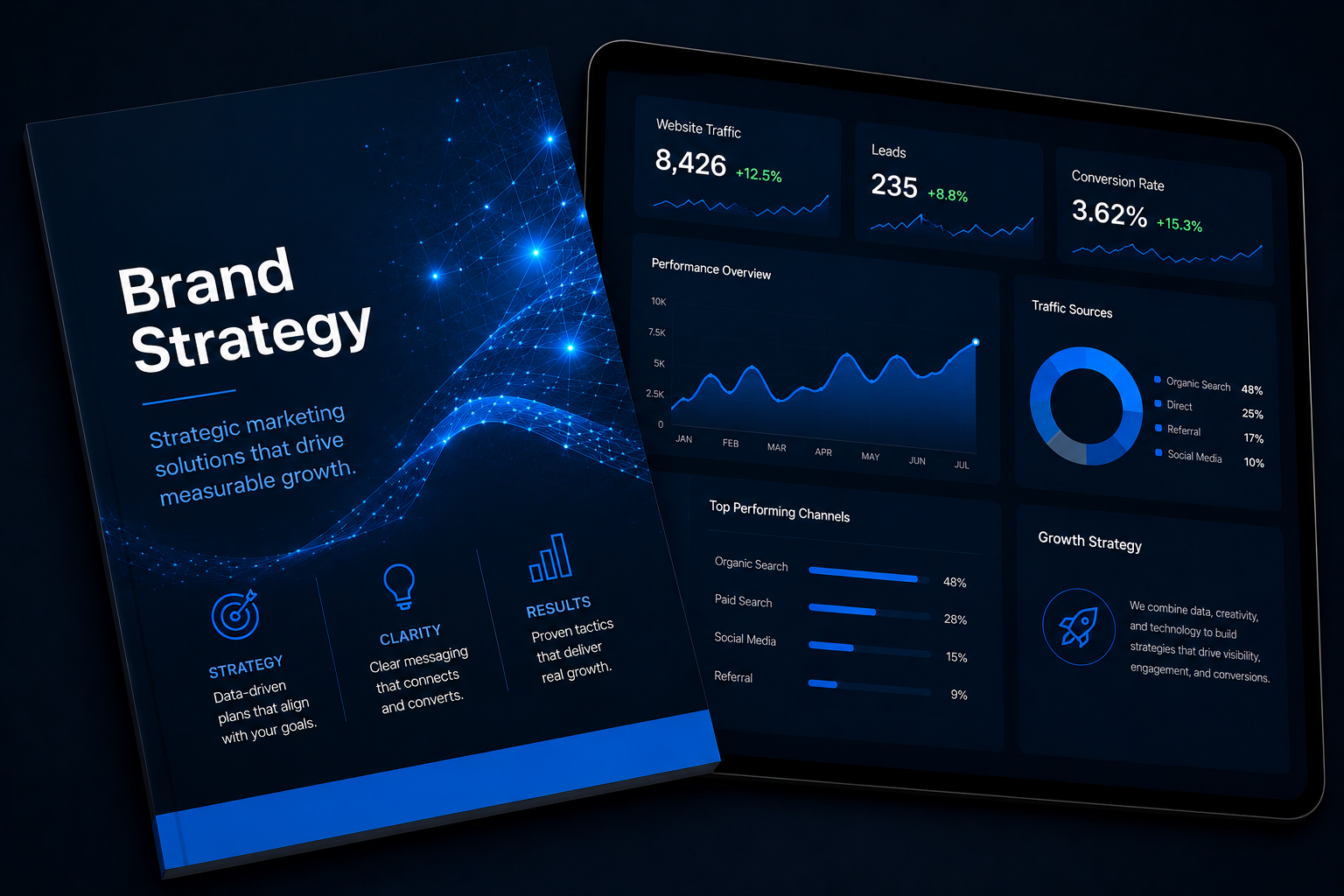 Dark blue brand strategy presentation with charts, metrics, and digital dashboard panels