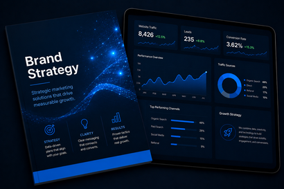 Dark blue brand strategy presentation with charts, metrics, and digital dashboard panels