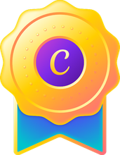 Gold award medal with purple center, letter C, and blue ribbon badge