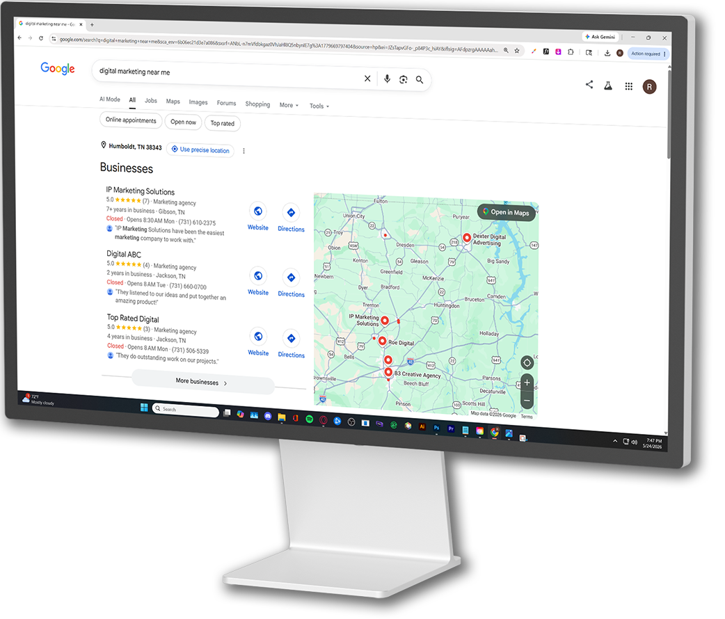 Curved desktop monitor displaying Google search results and a map on a white stand