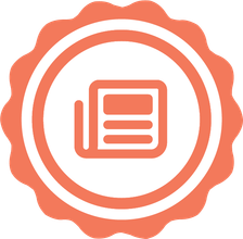 Orange badge icon with a newspaper or document symbol in the center