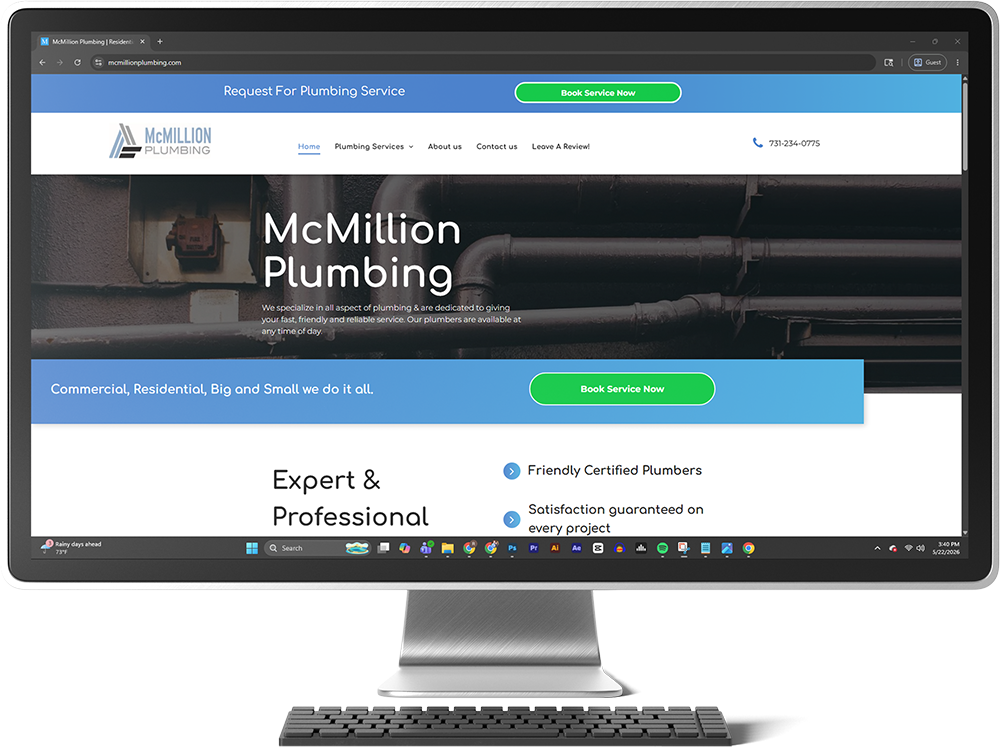 Desktop monitor displaying the McMillion Plumbing website homepage with a blue header and large hero banner.