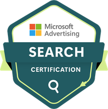 Microsoft Advertising Search Certification badge with teal, green, and orange design