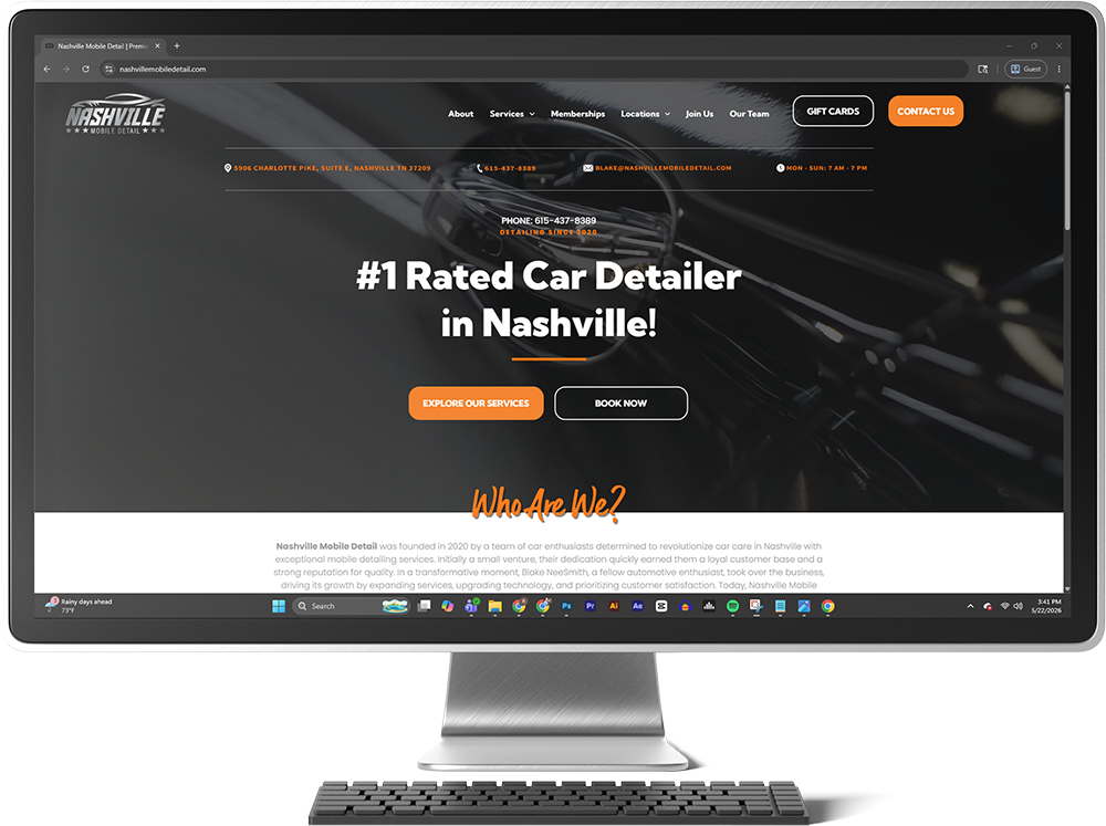 Desktop computer displaying a dark-themed car detailing website with “#1 Rated Car Detailer in Nashville!” headline