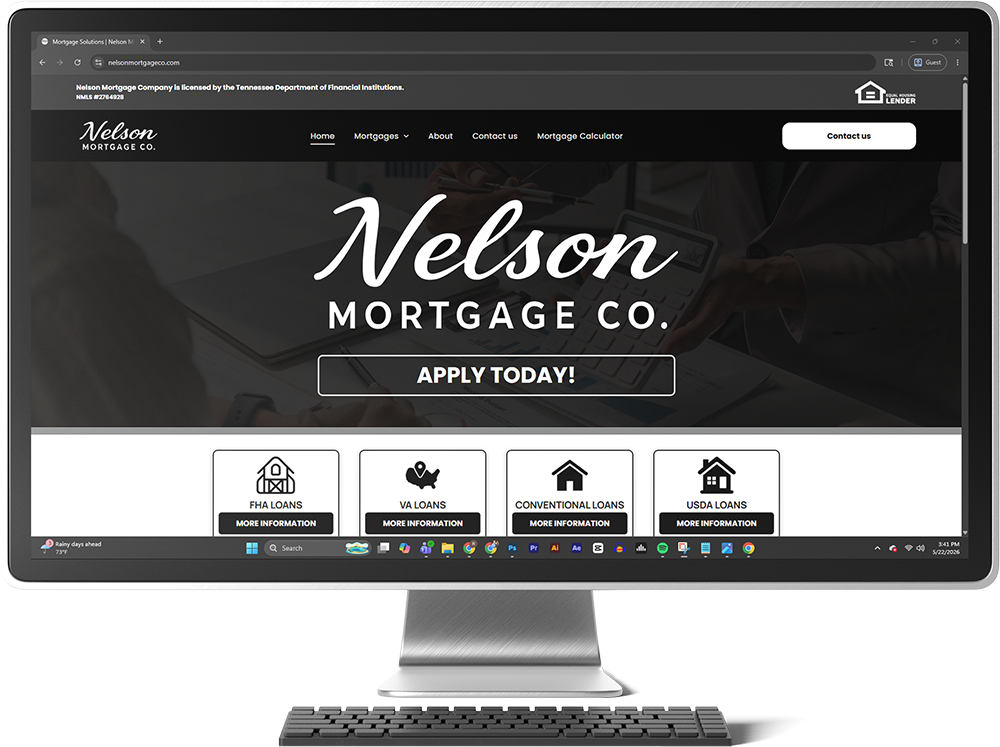 Website homepage for Nelson Mortgage Co. with dark hero banner and white navigation icons on a desktop monitor