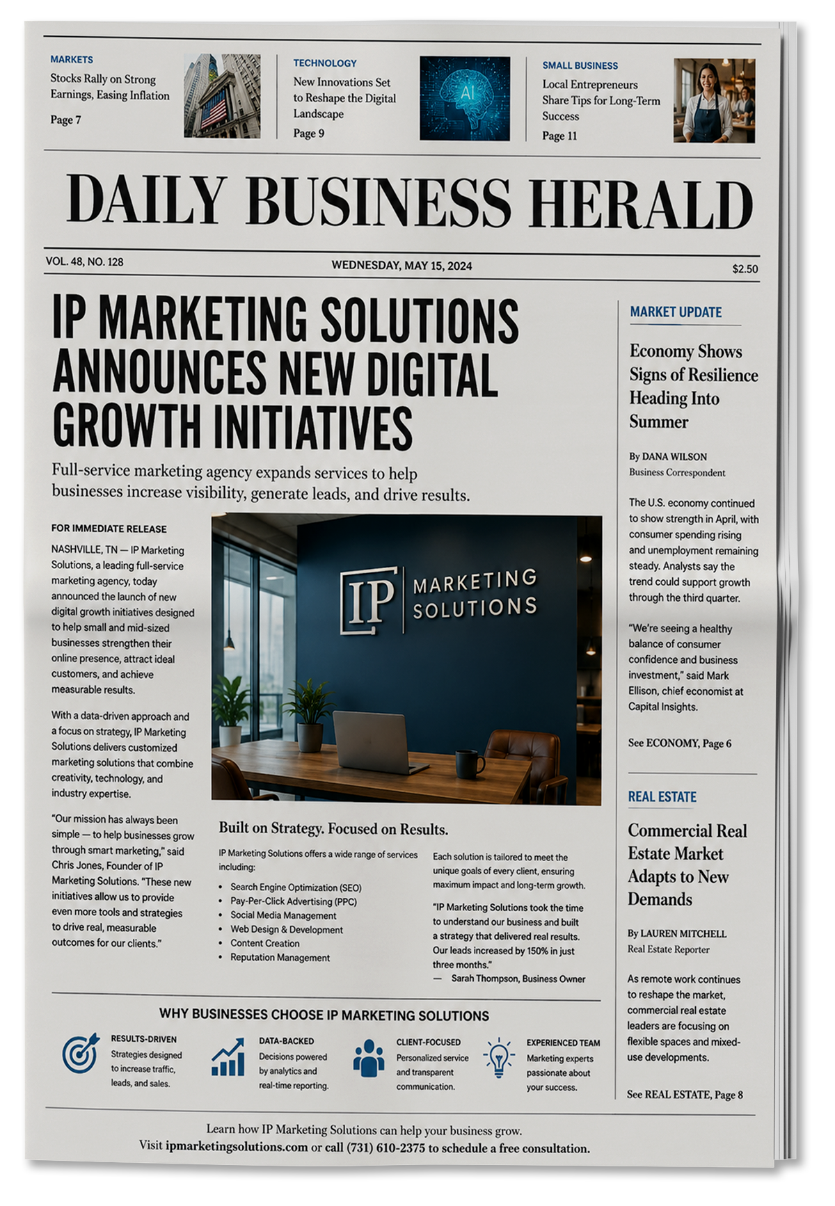Daily Business Herald front page on marketing solutions announcing new digital growth initiatives