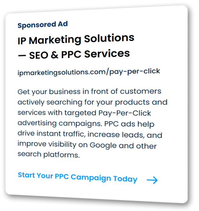 Sponsored ad for IP Marketing Solutions SEO and PPC services with blue call-to-action button.