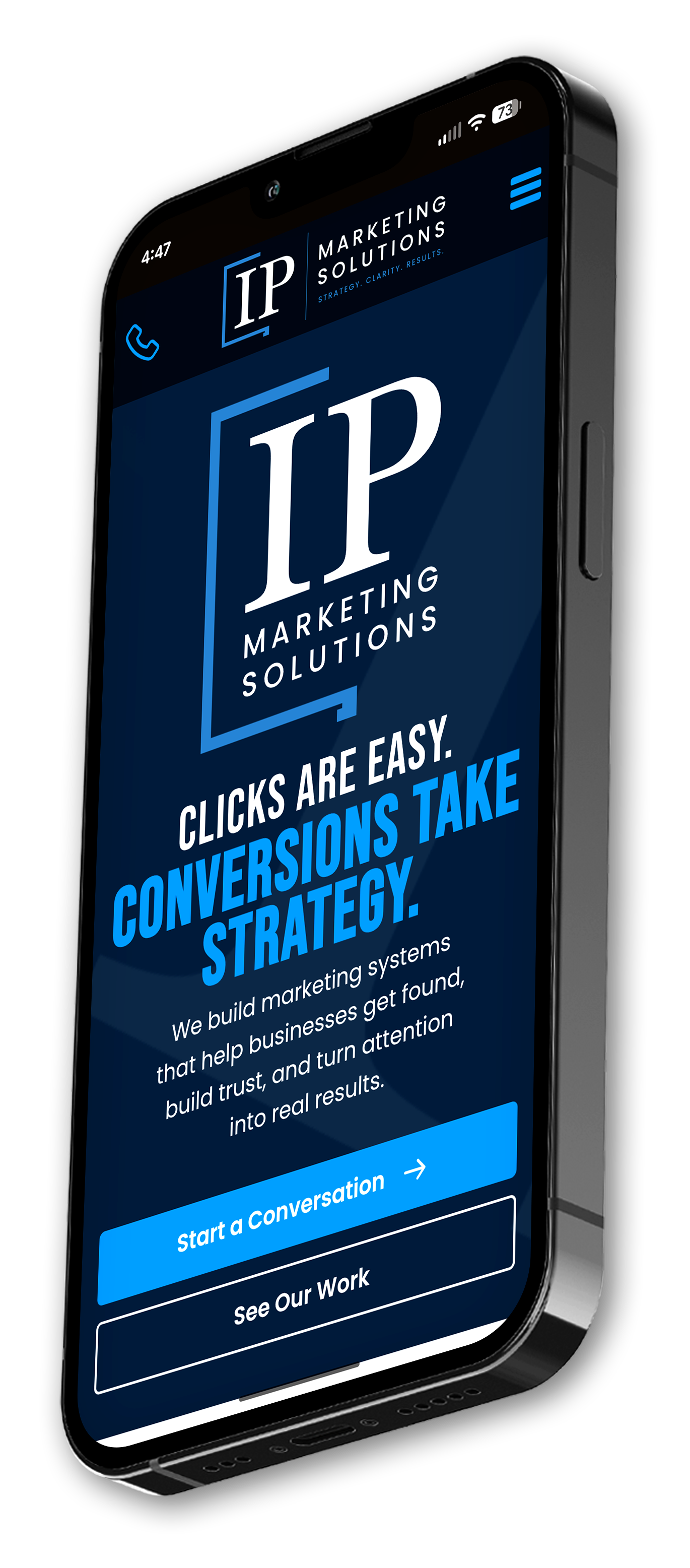 Angled black smartphone displaying a blue marketing webpage with large “Conversions Take Strategy” text