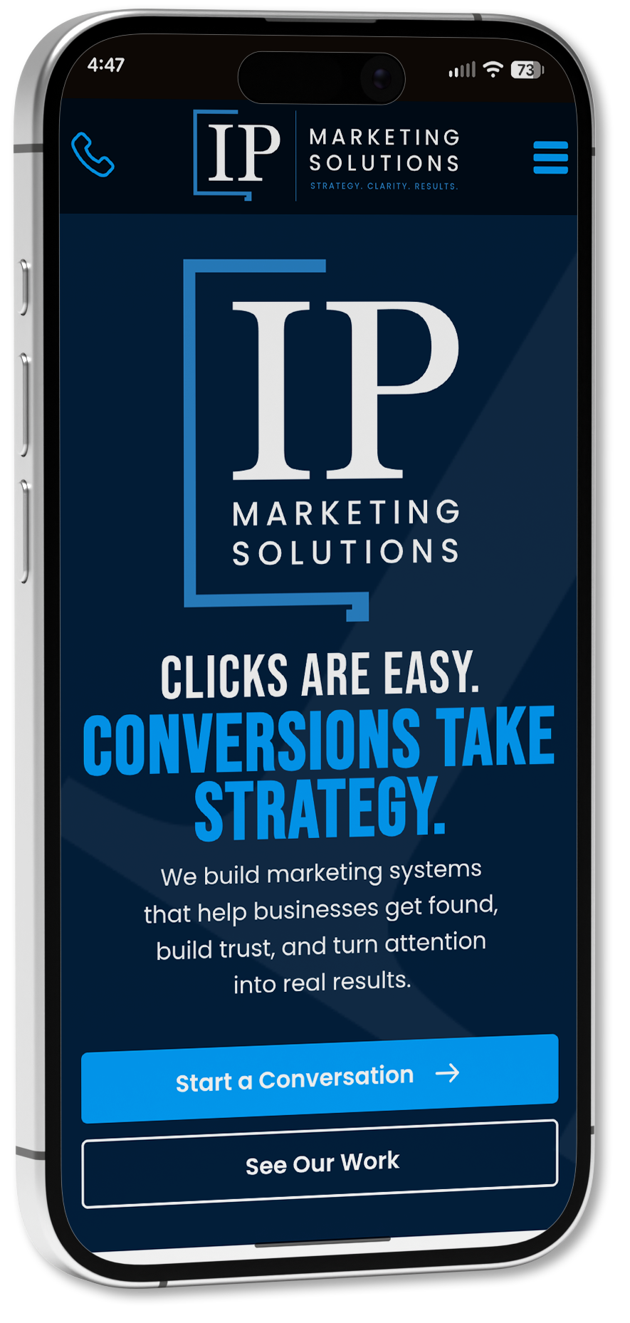 Phone screen showing a blue marketing ad for IP Marketing Solutions with “Clicks are easy. Conversions take strategy.”