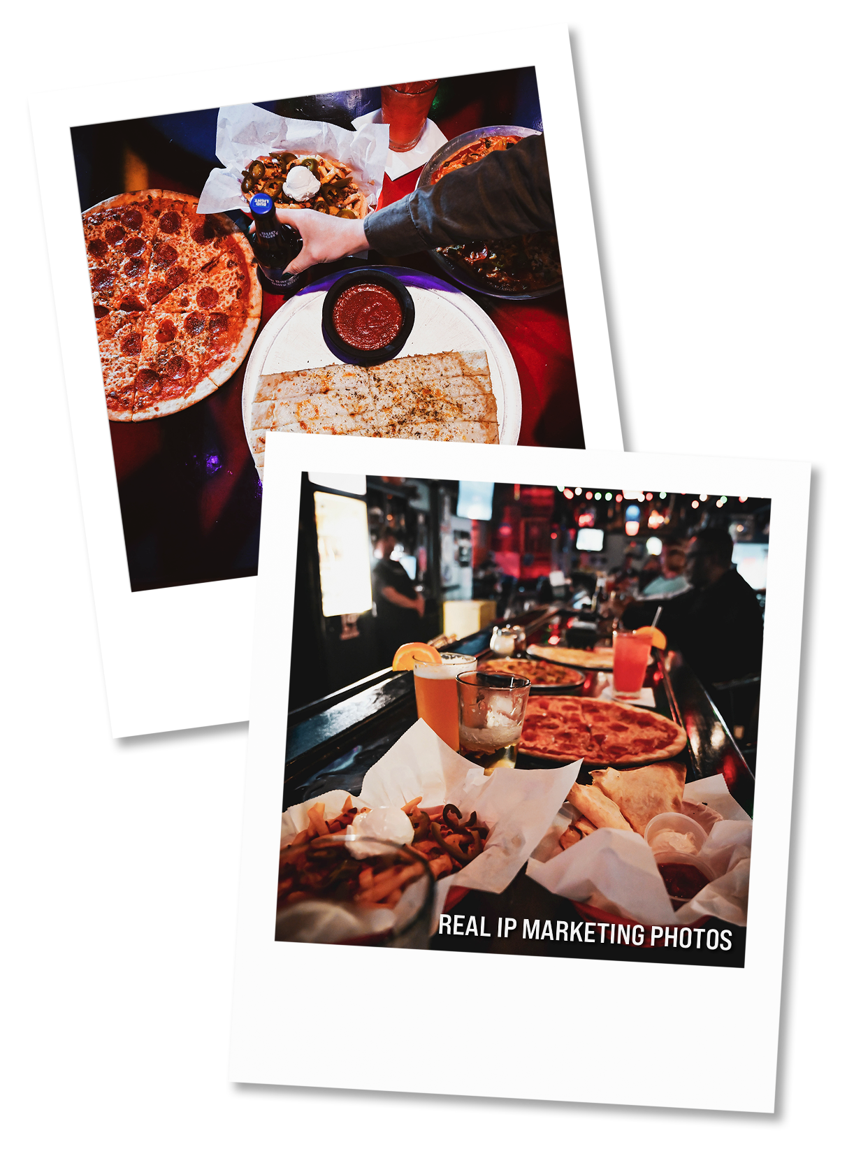 Two overlapping Polaroid-style photos of pizza and a restaurant table scene.