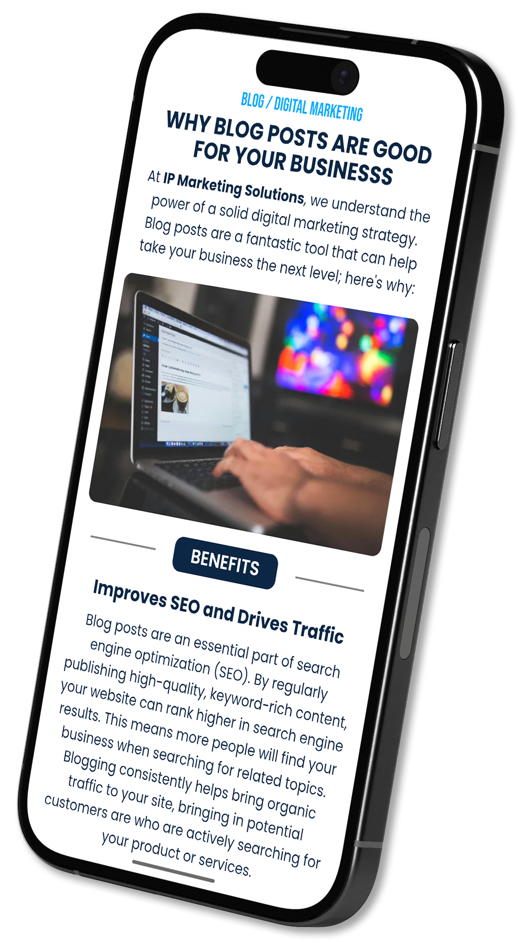 Smartphone mockup showing a blog article titled “Why do posts are good for your business” with a laptop photo.