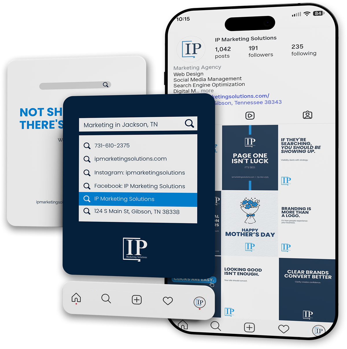 Phone app and cards showing IP branding, search results, and a blue-and-white real estate-style interface