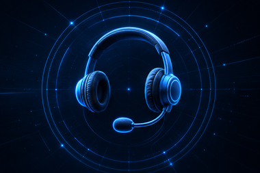 Blue glowing gaming headset with microphone on a dark background, surrounded by futuristic rings