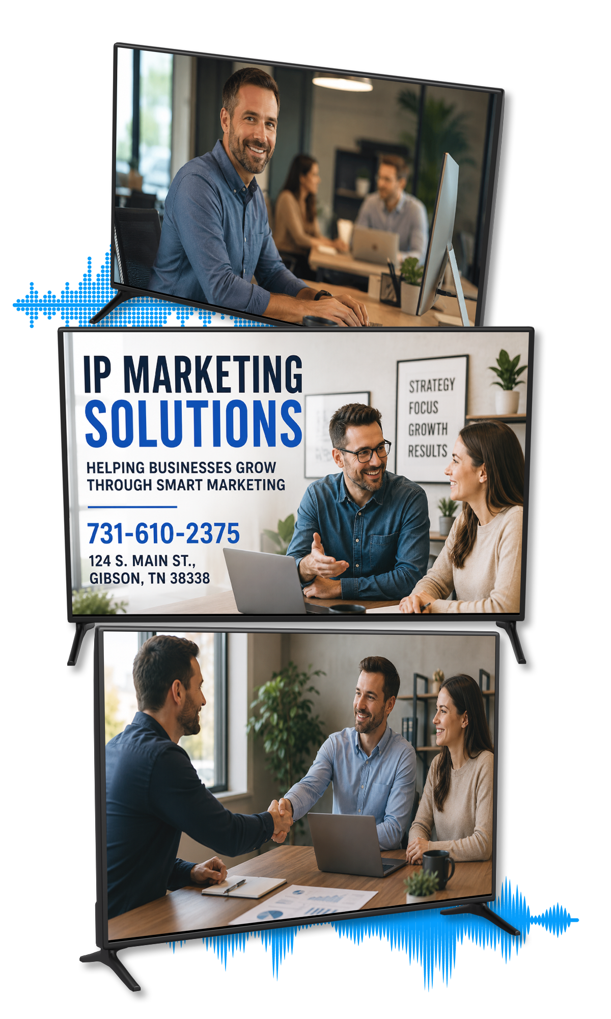 IP Marketing Solutions flyer with office meeting photos and blue wave accents, featuring a phone number and contact details