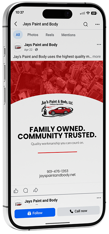 Phone screen showing a Facebook post ad for Jay's Paint and Body with a red logo and