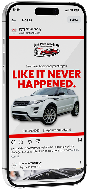 Instagram post showing a white SUV with bold red text: “LIKE IT NEVER HAPPENED.”