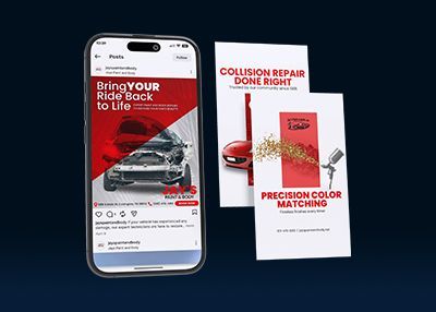 Mobile repair ad showing a phone, brochure, and flyer with red-and-white collision repair branding