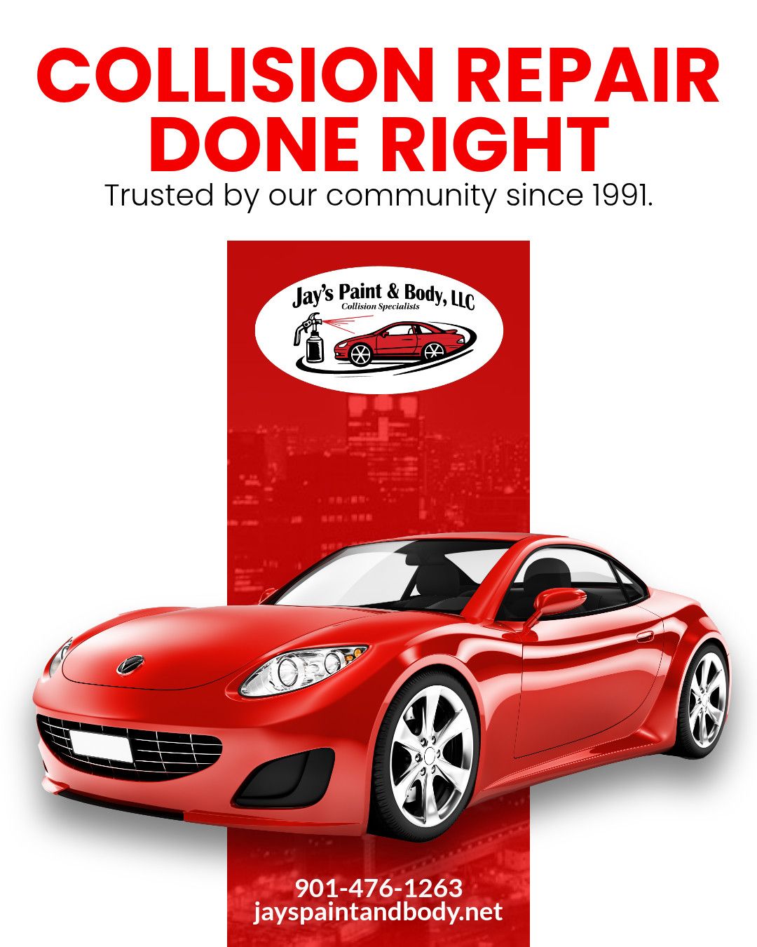 Red sports car ad for collision repair, with bold red text and a body shop logo on a white background