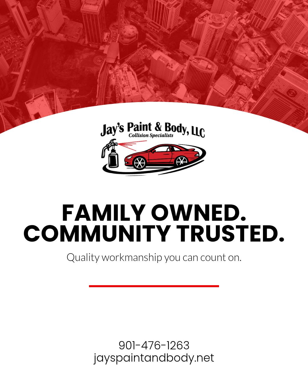 Jay’s Paint & Body, LLC logo with red car graphic and text: “Family Owned. Community Trusted.”