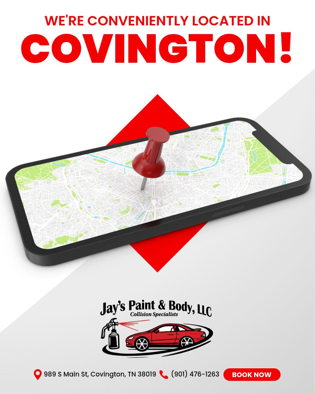 Covington location ad for Jay’s Paint & Body, LLC, with map pin graphic and contact details