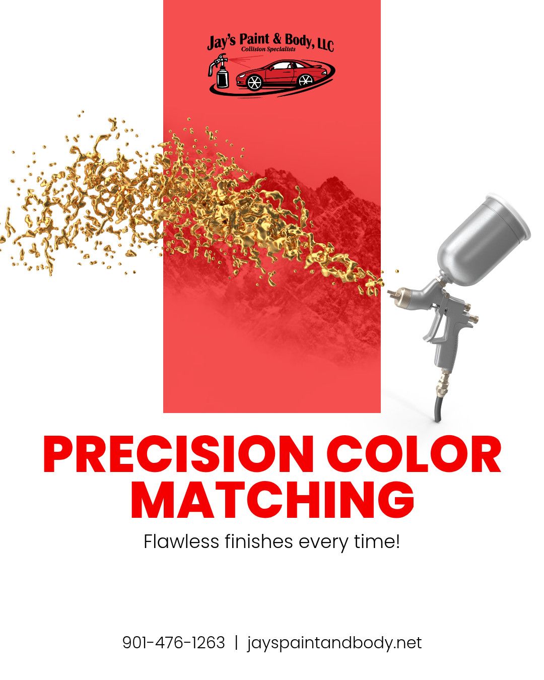 Precision color matching ad with spray gun and red paint splash on a red banner.