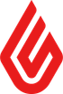 Red abstract logo with interlocking curved shapes in red and white