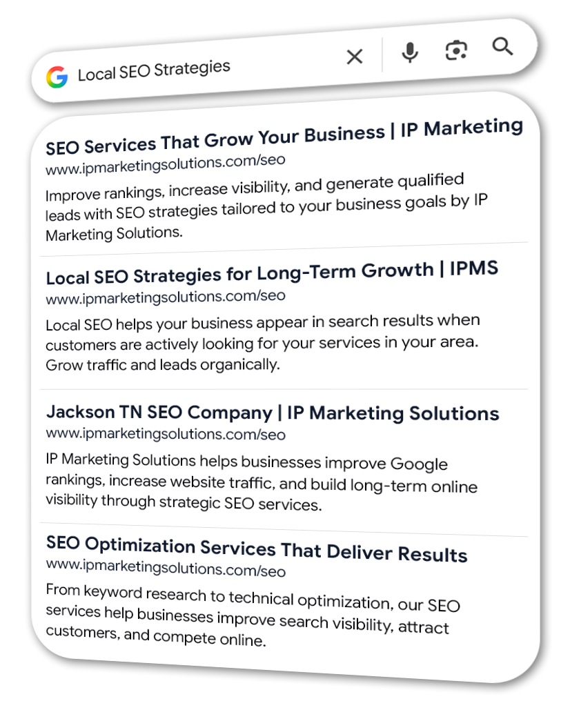 Google search results for Local SEO Strategies, showing multiple SEO service listings.