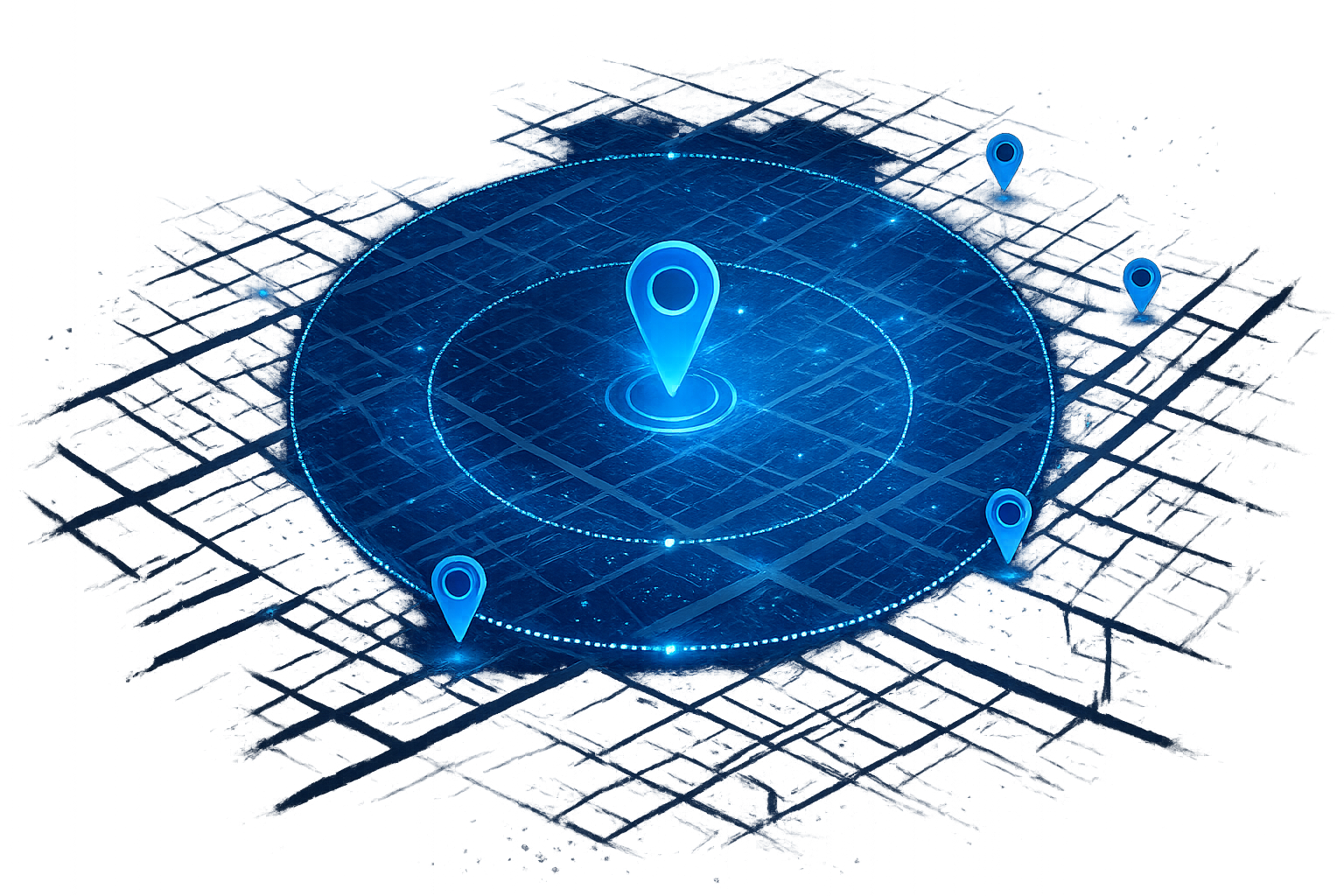 Blue digital map with location pins on a grid background
