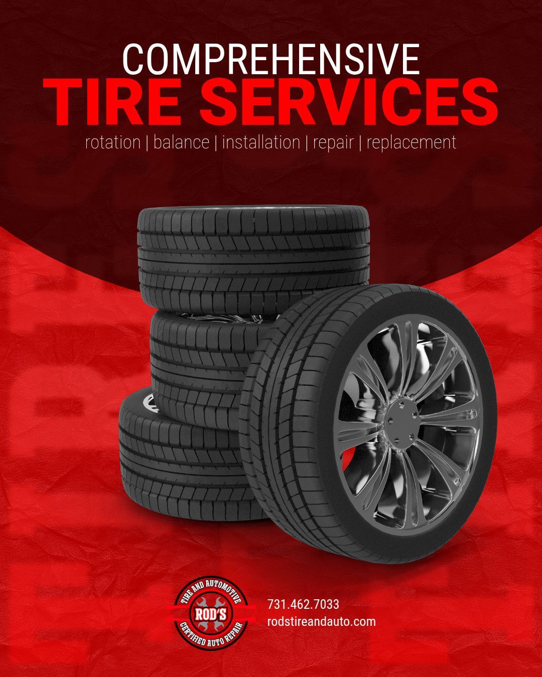 Red tire service ad with stacked black tires and a wheel rim on a red background.