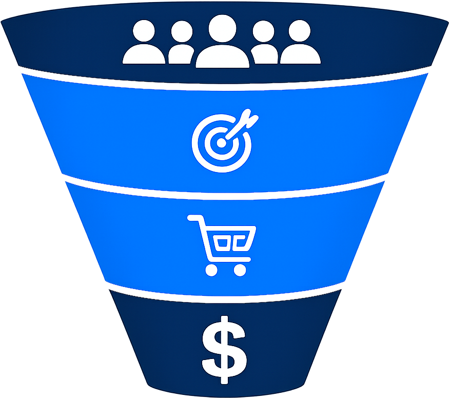 Blue sales funnel icon with people, target, shopping cart, and dollar symbols