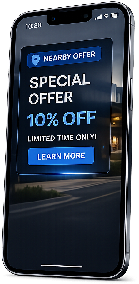 Smartphone showing a blue “SPECIAL OFFER 10% OFF” ad with a “LEARN MORE” button