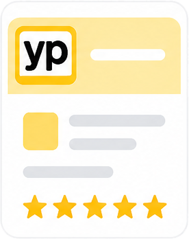 Yellow Yelp-style business listing icon with five gold stars and gray text lines