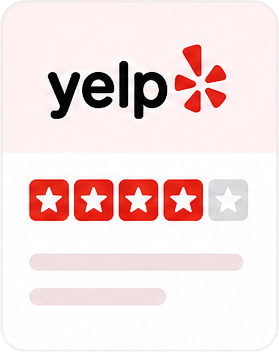 Yelp rating graphic with four red stars and one gray star above text lines