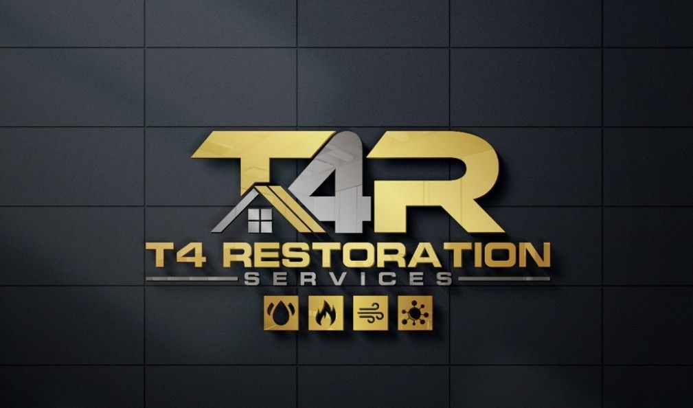 Gold and silver T4 Restoration Services logo featuring a roof icon and four service icons on a dark tiled background.