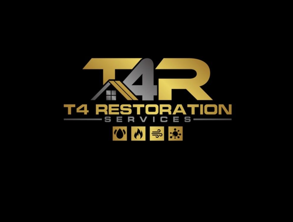 Gold and grey logo for T4 Restoration Services with house roof icon and four small hazard symbols on a black background.