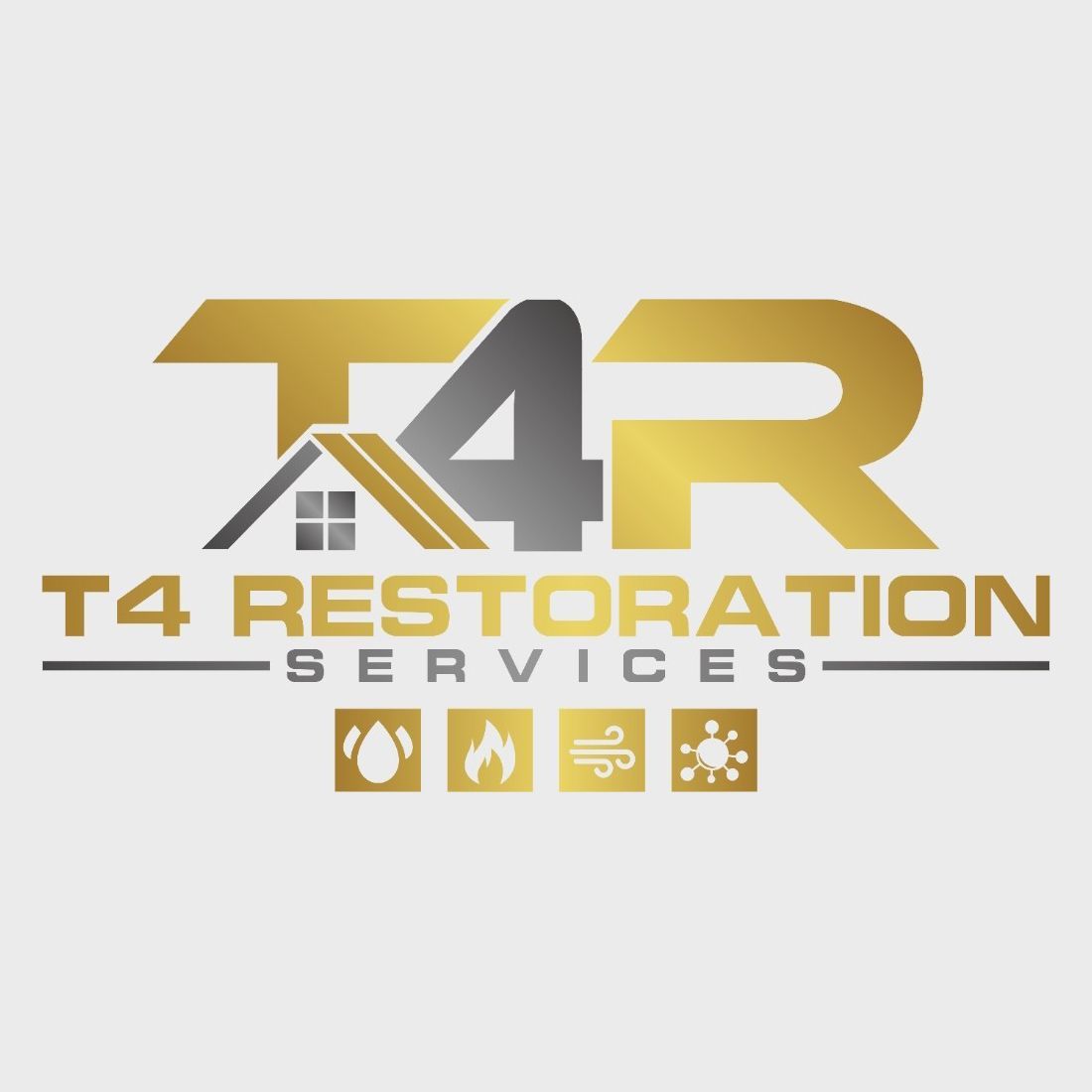 The logo for T4 Restoration Services features gold and grey text and icons representing water, fire, wind, and mold damage.