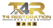 Gold and gray logo for T4 Restoration Services with a house icon and four symbols representing water, fire, wind, and mold.