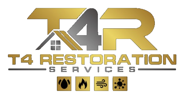Gold and gray logo for T4 Restoration Services with a house icon and four symbols representing water, fire, wind, and mold.