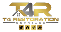 Gold and gray logo for T4 Restoration Services with a house icon and four symbols representing water, fire, wind, and mold.