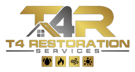 Gold and gray logo for T4 Restoration Services with a house icon and four symbols representing water, fire, wind, and mold.