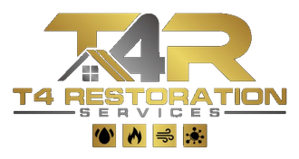 Gold and gray logo for T4 Restoration Services with a house icon and four symbols representing water, fire, wind, and mold.
