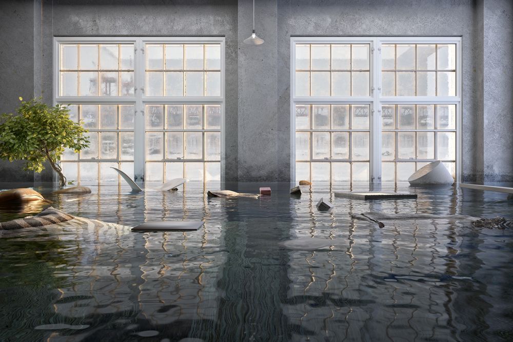 Flooded interior with concrete walls, two large grid windows, and various household objects floating in the calm water.