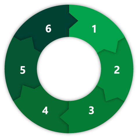 A wheel of individual sections depicting six steps in a circular process.