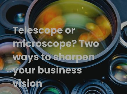 White text on an image of lenses 