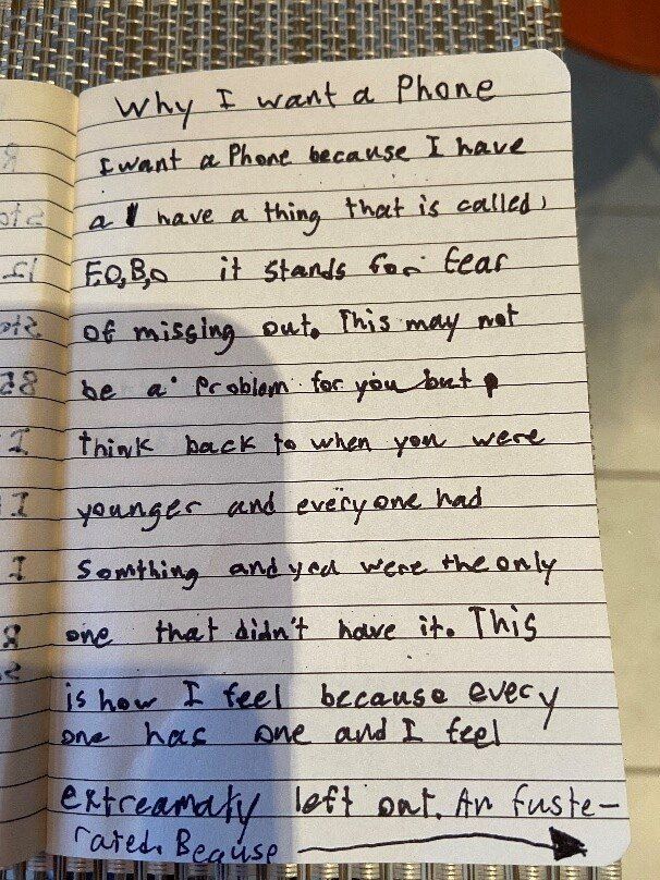 A letter from an 11 year-old boy asking for a cell phone because he has FOMO, Fear of Missing Out