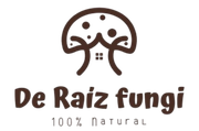 Logotipo con un icono de cara de árbol marrón y el texto “De Raiz fungi” encima de “100% natural”.